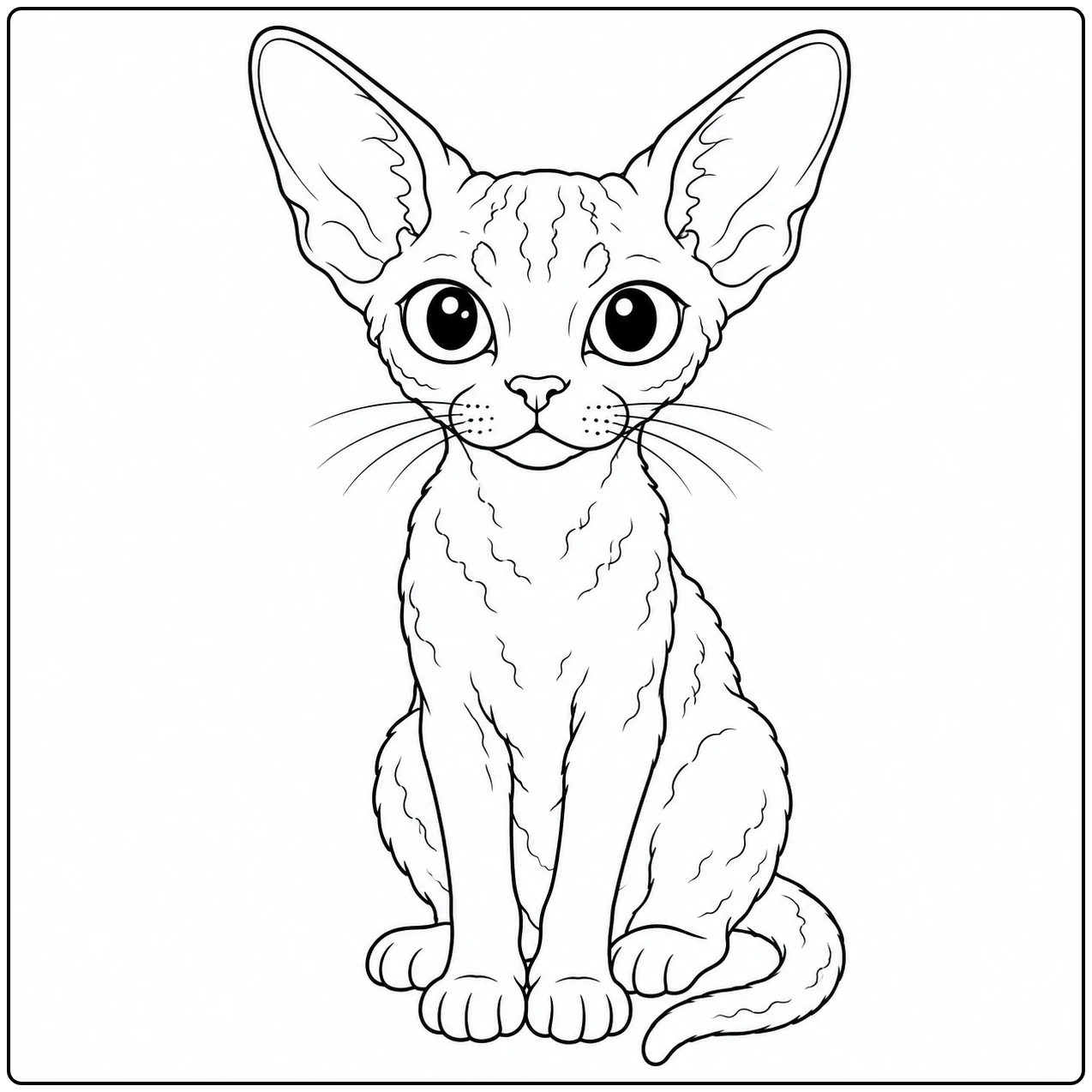Zittende kat met enorme oren en ronde ogen houdt haar staart netjes langs de poten.