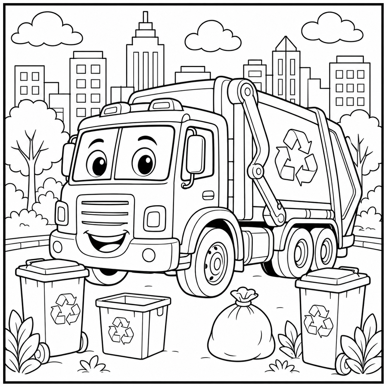 Recycling vuilniswagen met verschillende bakken, zakken en een stedelijke achtergrond