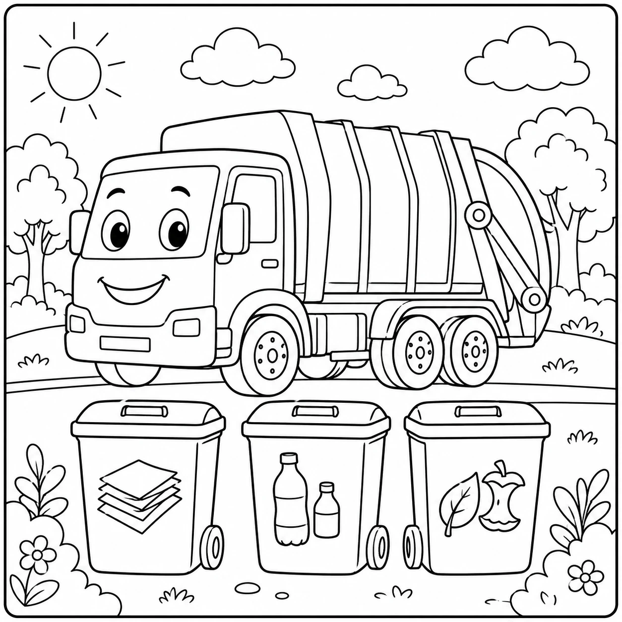 Recycling vuilniswagen met verschillende afvalbakken voor papier, flessen en groenafval