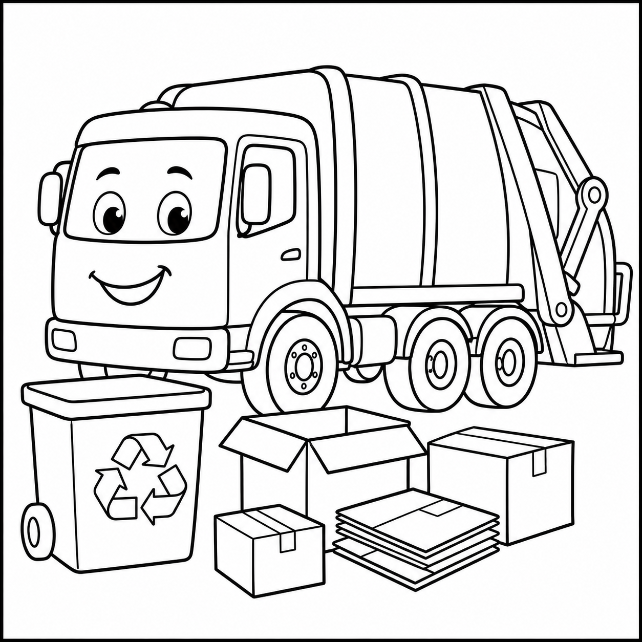 Kleurplaat vuilniswagen met recyclingbakken, dozen en een grote laadruimte voor kinderen