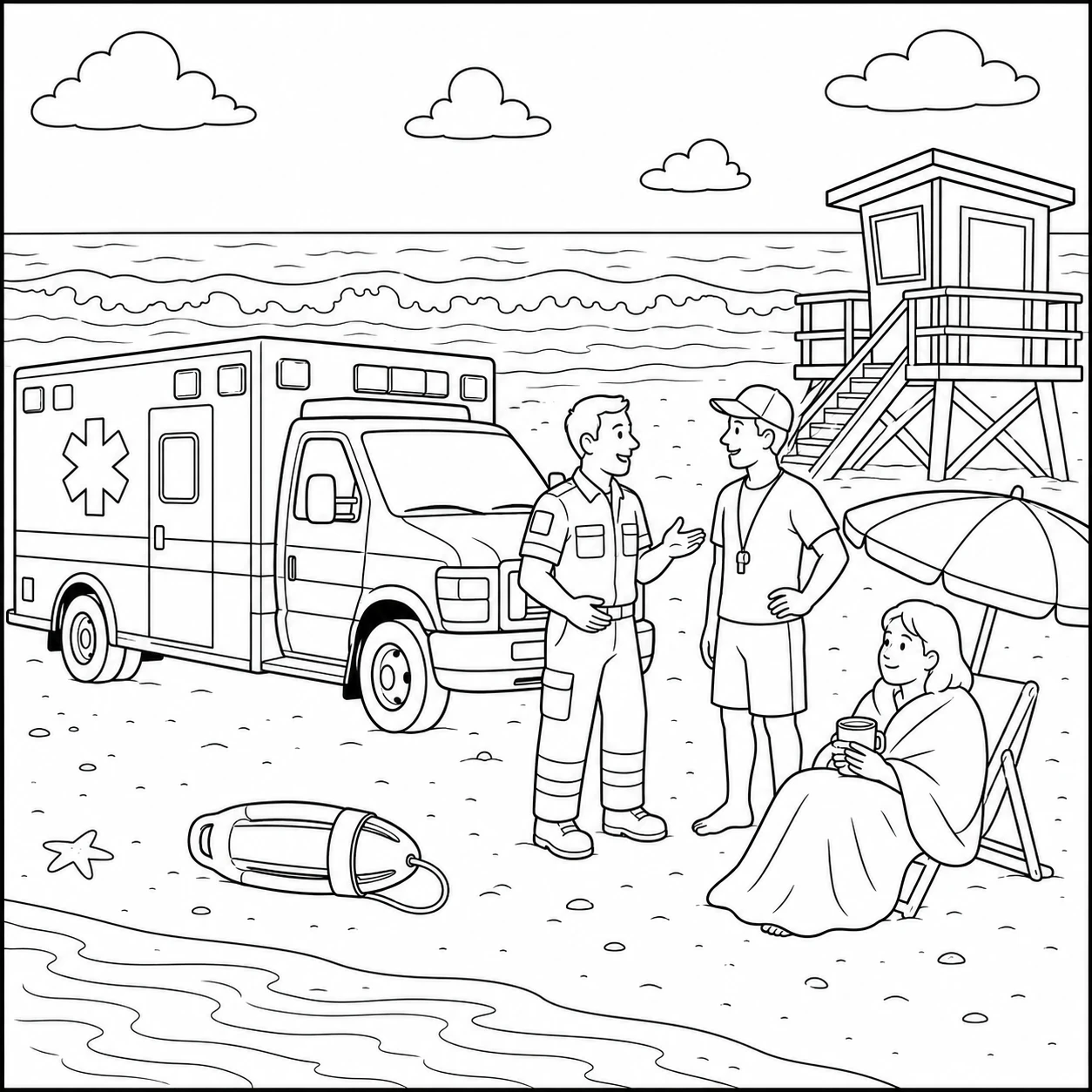 Rustige reddingsscène op het strand met strandwacht en zittende badgast als kleurplaat ambulance