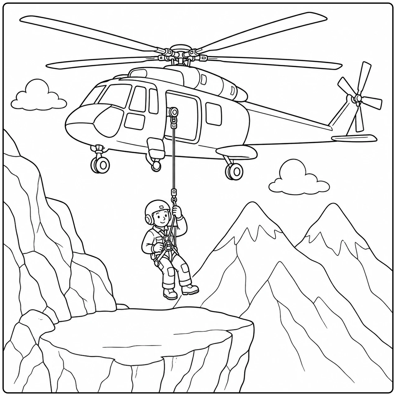 Een reddingswerker hangt onder een helikopter tijdens een actie boven een steile bergkloof