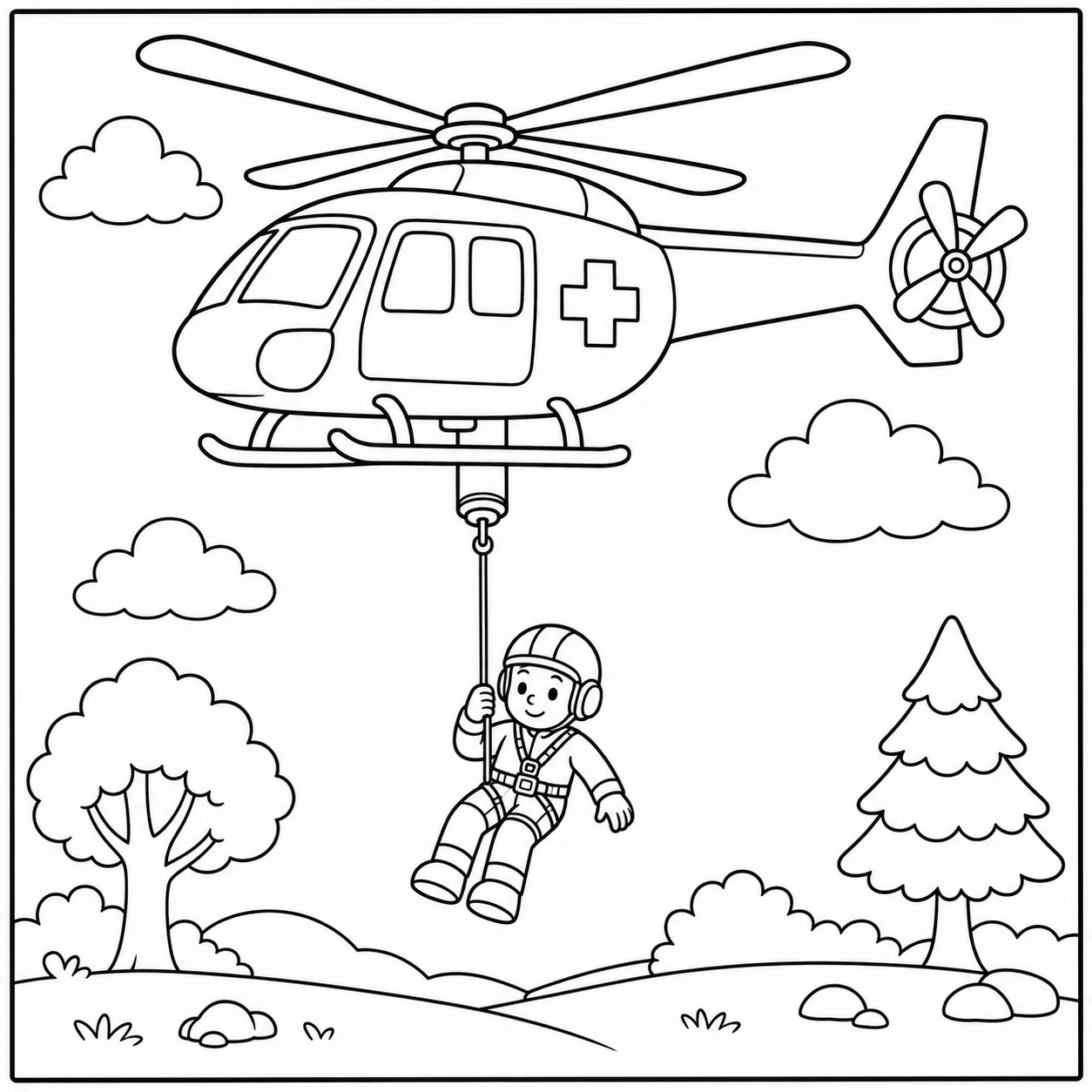 Ambulancehelikopter hijst een reddingswerker aan een kabel boven een groen landschap met bomen