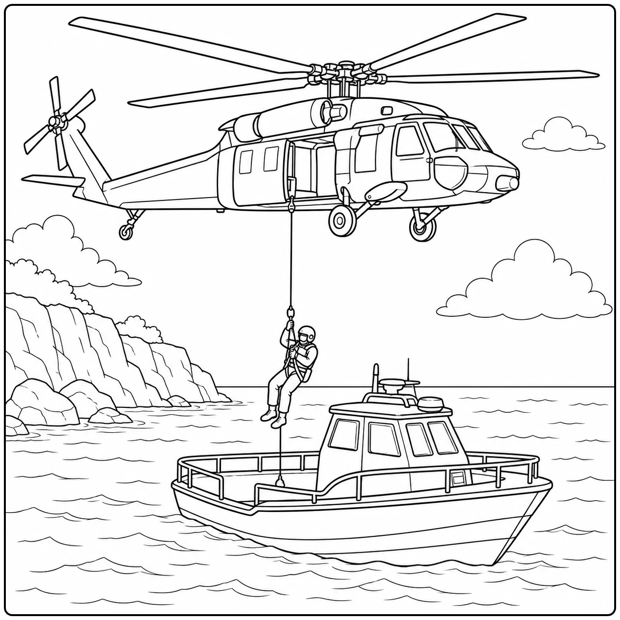 Een reddingshelikopter laat een persoon zakken naar een boot bij een rotsachtige kust
