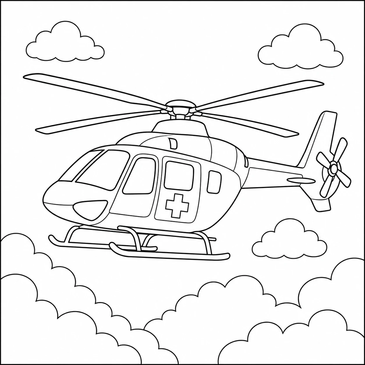 Boven de wolken vliegt een kleurplaat ambulance helicopter met zijdeur, staartrotor en landingsskids