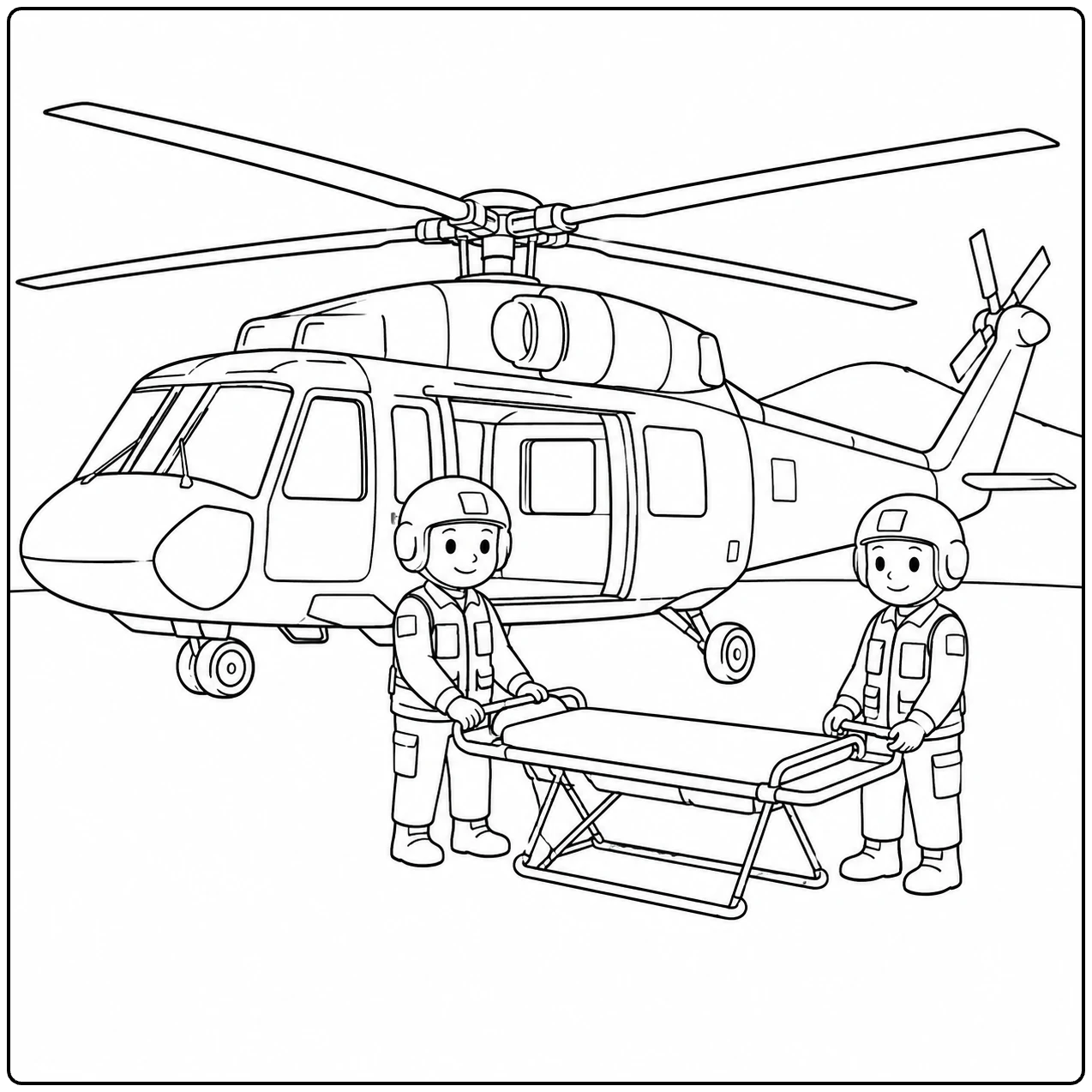 Twee hulpverleners dragen een brancard voor een kleurplaat leger helikopter op de grond