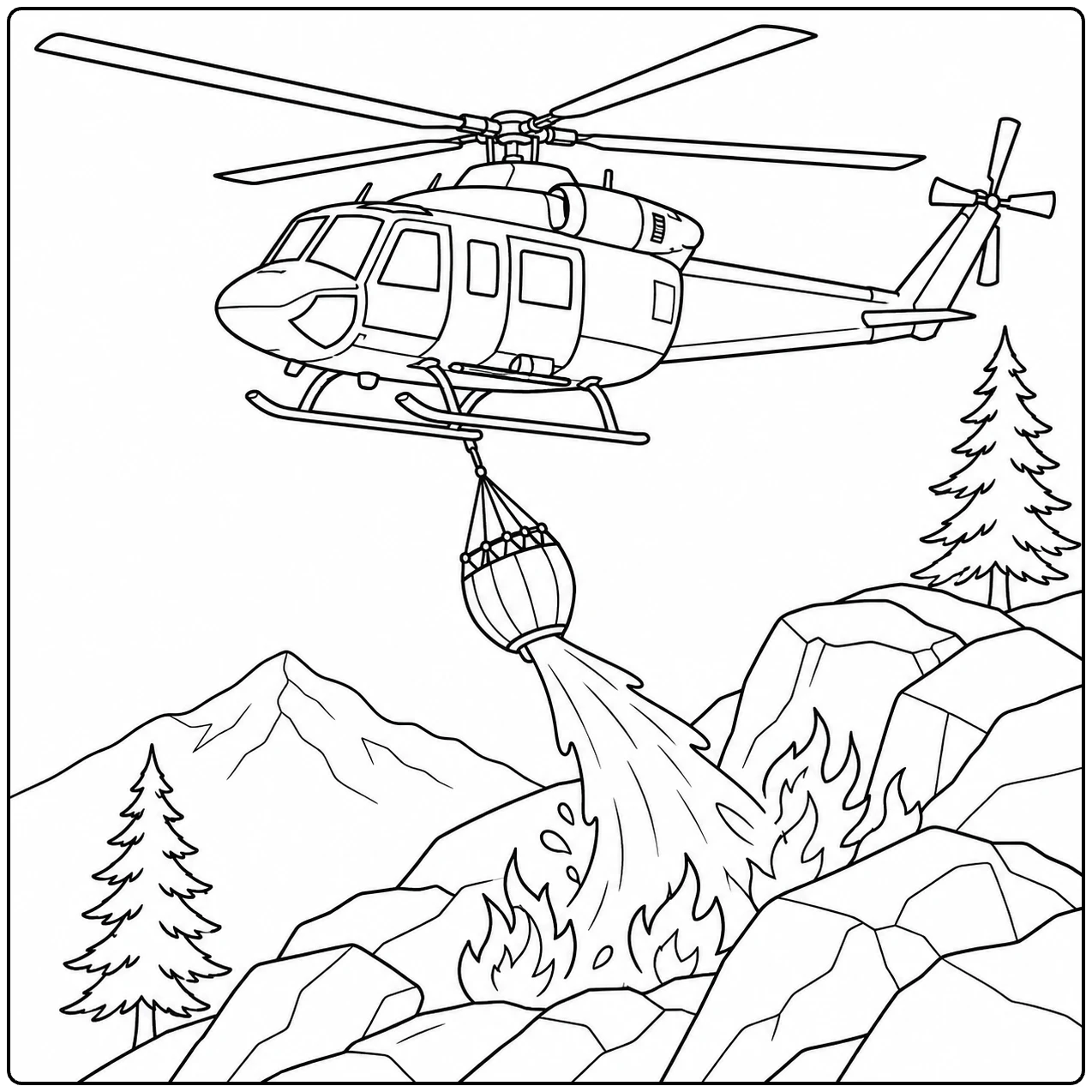 Kleurplaat brandweer helicopter blust vlammen tussen rotsen in een berglandschap