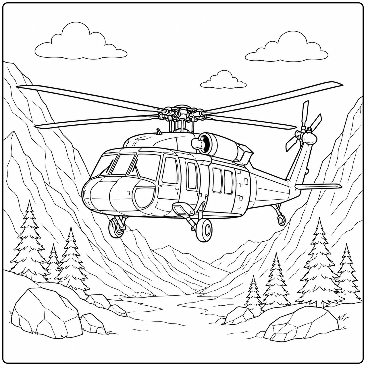 Grote legerhelikopter boven een rotsachtig bergdal met dennenbomen en een rivier