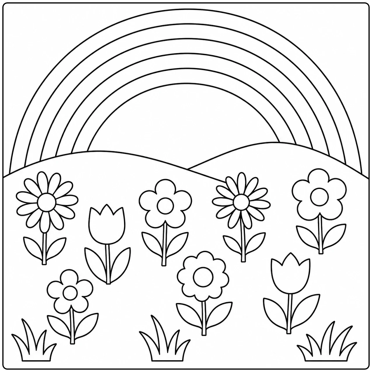 Regenboog boven een bloemenweide met verschillende grote bloemen en lage heuvels