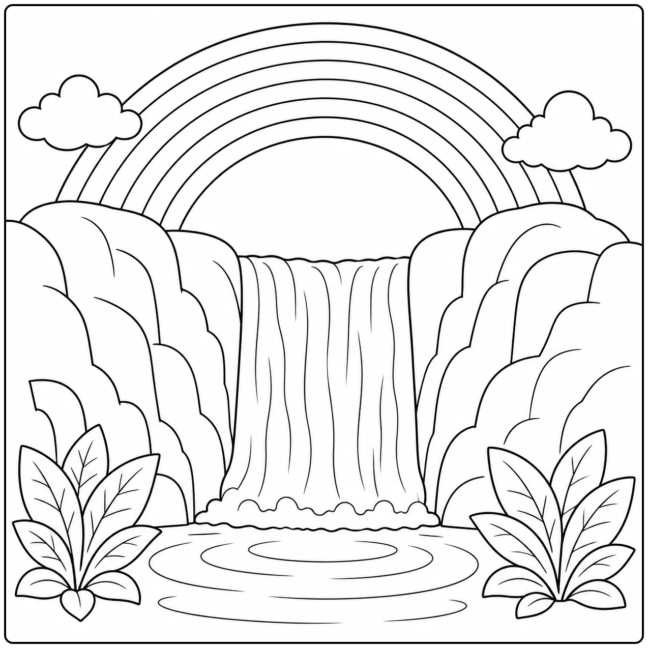 Waterval tussen rotsen onder een Regenboog Kleurplaat, omringd door bladeren en wolken