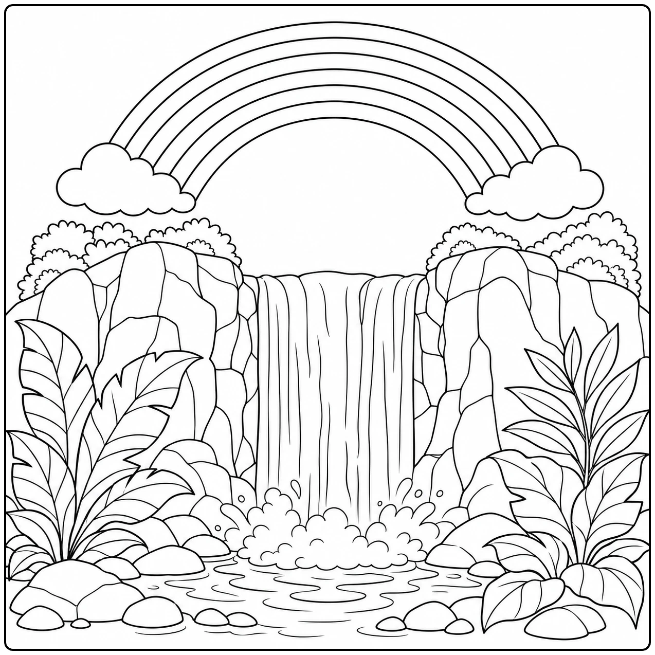 Waterval onder een regenboog met wolken, tropische bladeren en rotsen rond het water