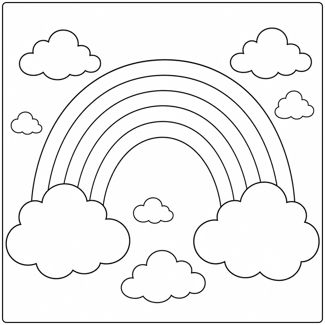 Wolken Kleurplaat met grote regenboog tussen twee wolken en kleine wolkjes in de lucht