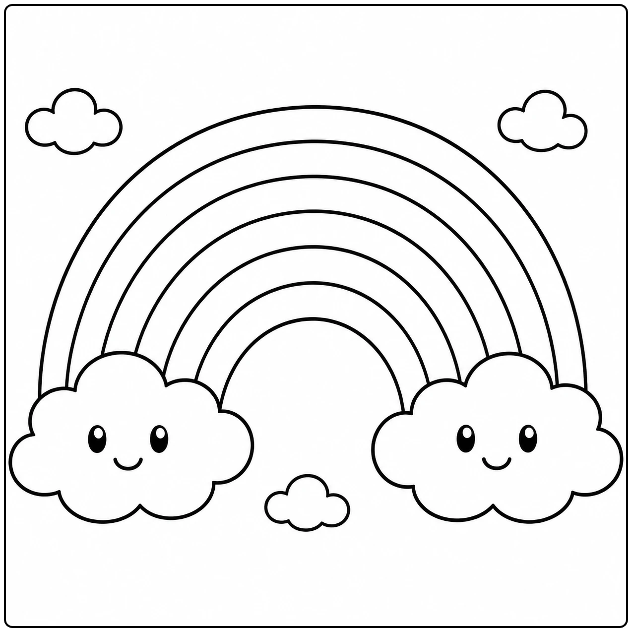 Twee lachende wolken dragen een Regenboog Kleurplaat, met kleine wolkjes rondom de boog