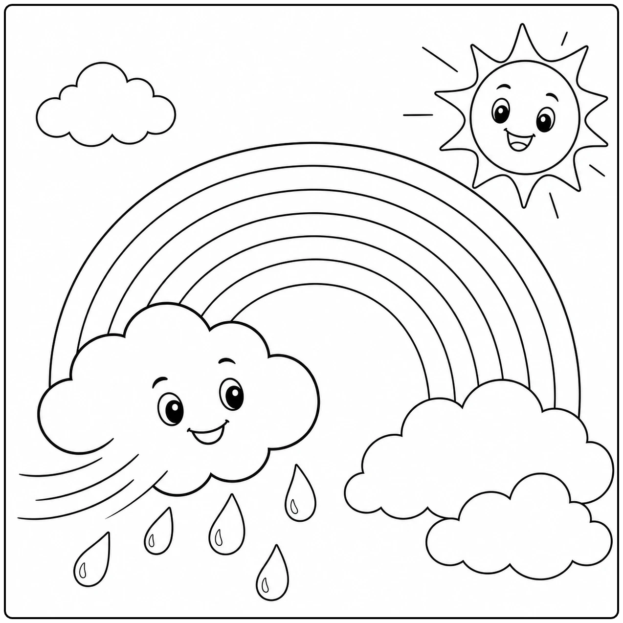 Vrolijke regenboog achter een wegdrijvende wolk met zon, wolkjes en regendruppels
