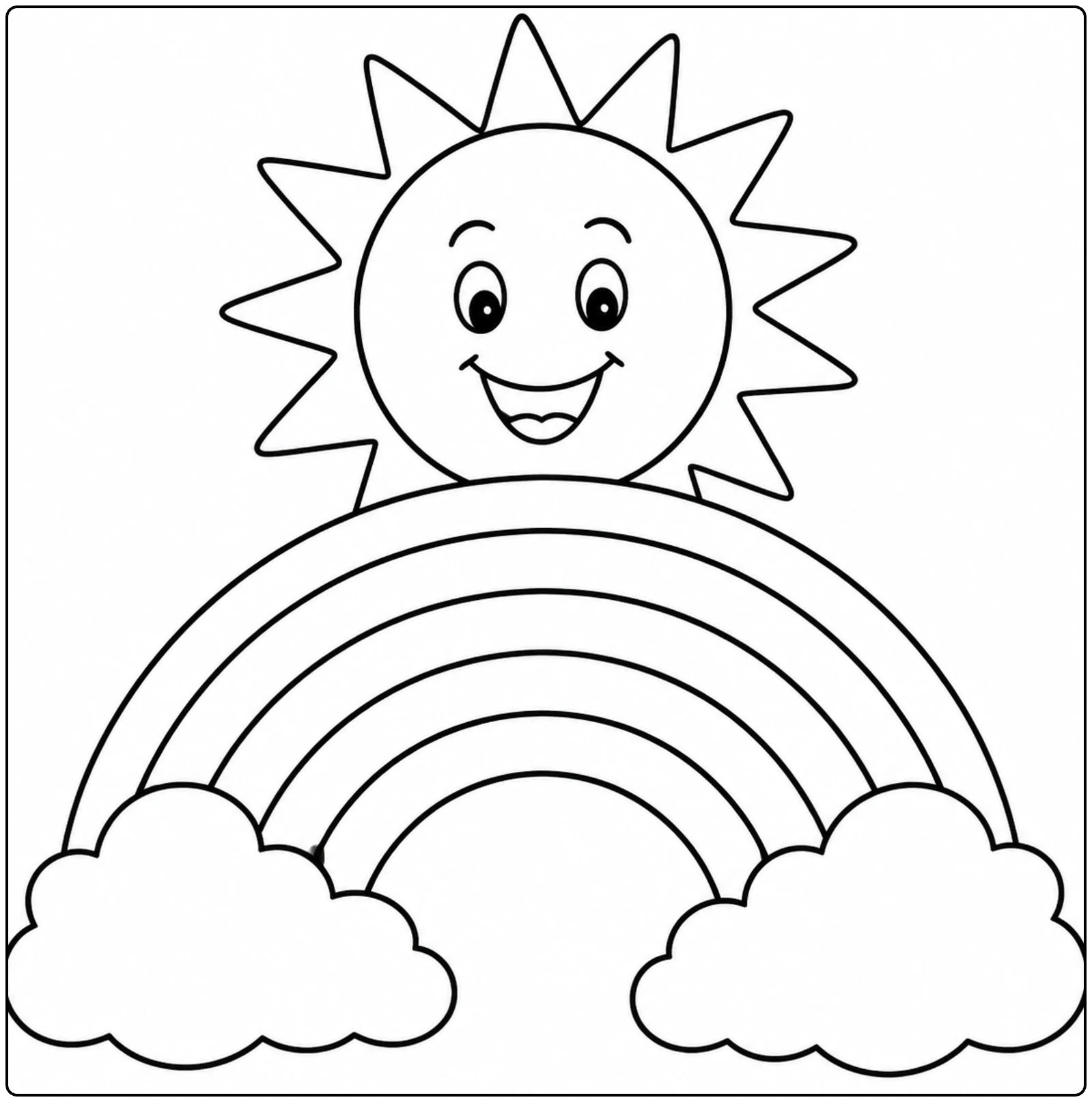 Lachende zon boven een brede regenboog tussen twee wolken, een kleurrijke kleurplaat zon