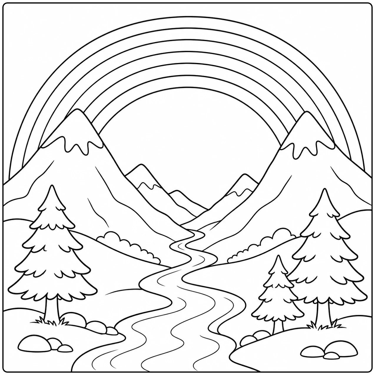Bergdal met dennenbomen en een kronkelende rivier onder een grote regenboog