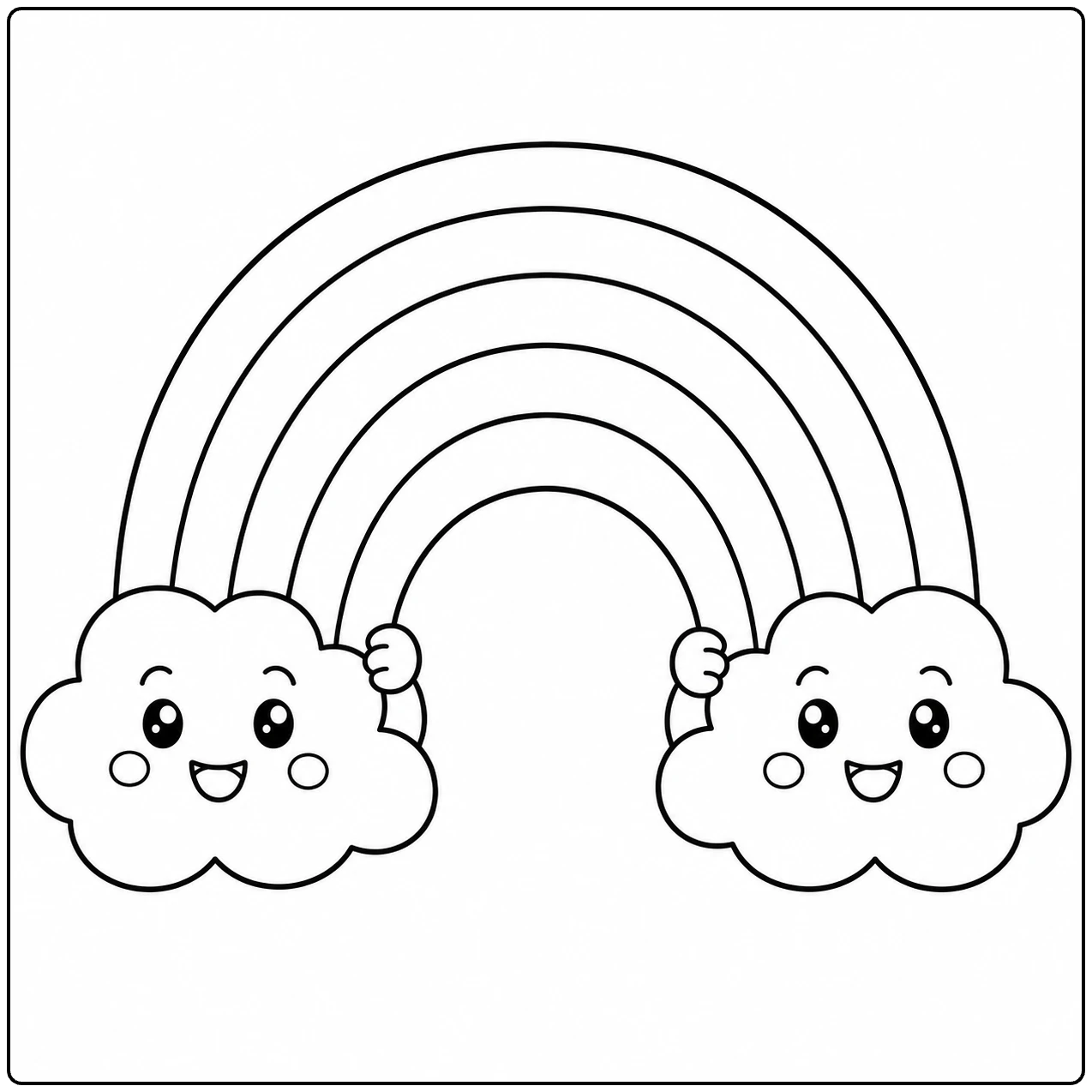 Wolken Kleurplaat met een regenboog die twee lachende wolkjes met elkaar verbindt.