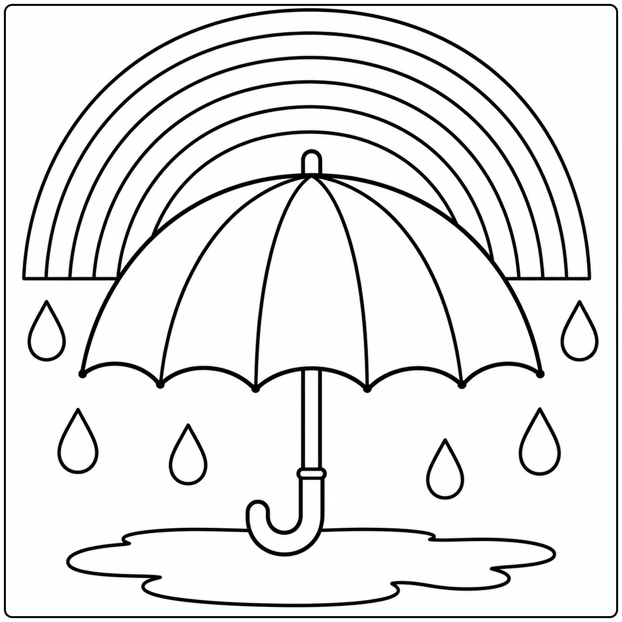Open paraplu onder een regenboog, met grote regendruppels en een plas op de grond