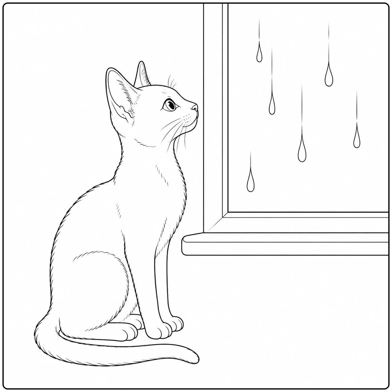 Slanke kat zit bij een raam met regendruppels en kijkt aandachtig naar buiten.