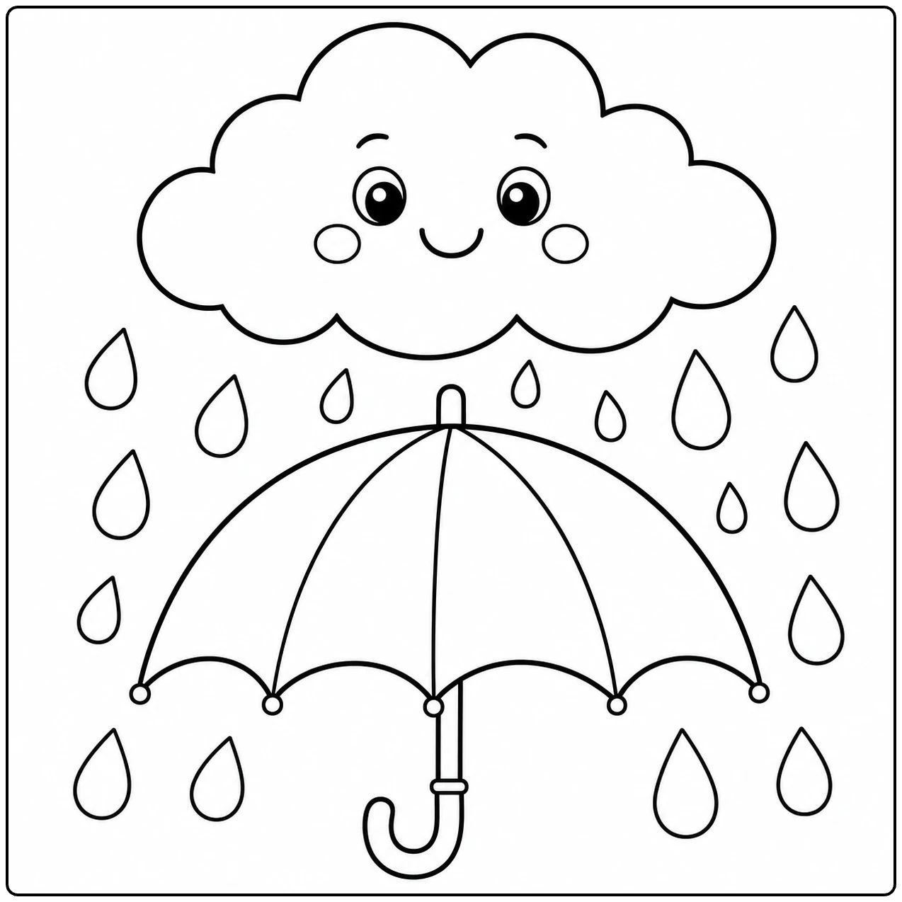 Regenwolk boven een open paraplu met grote druppels rondom in duidelijke lijntekening