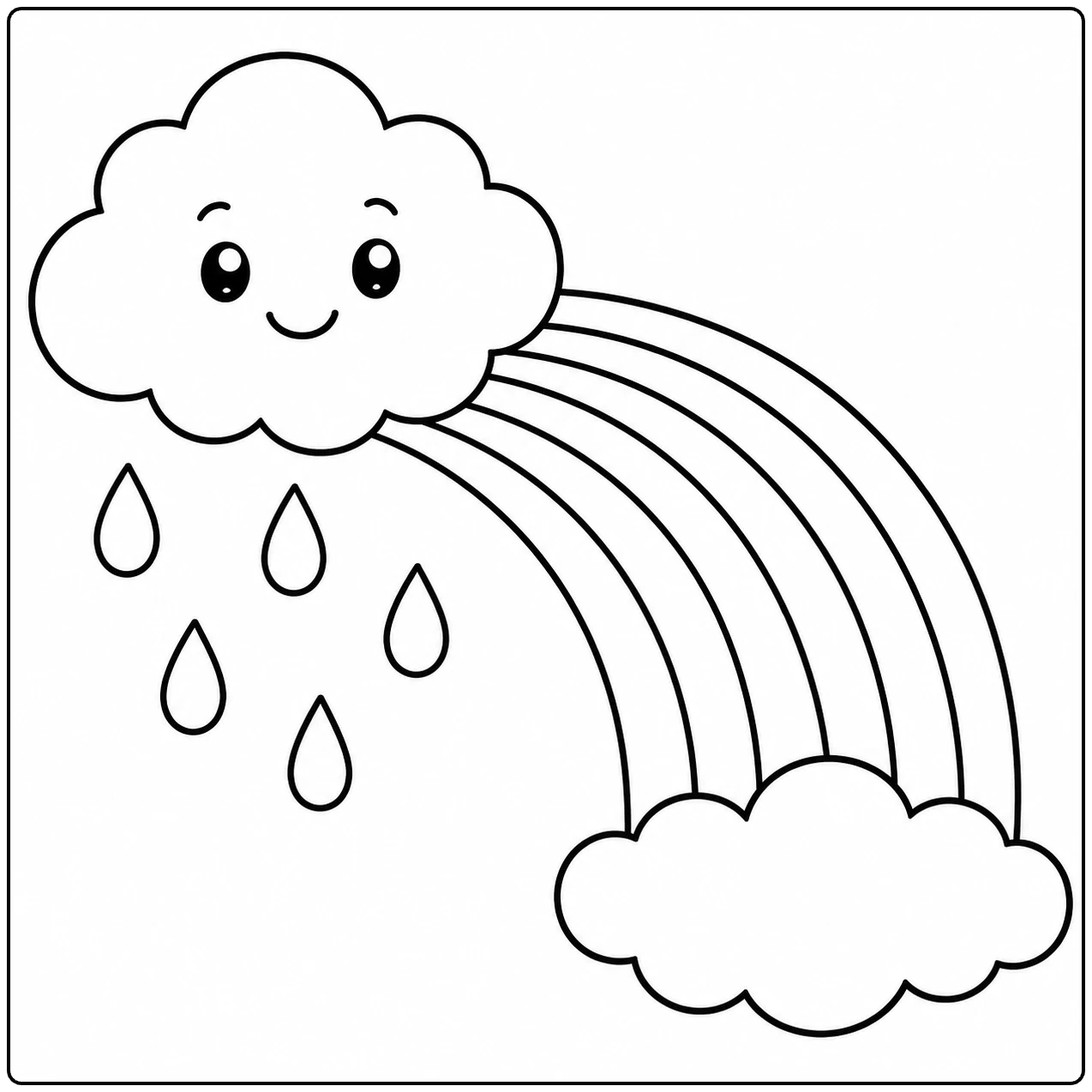 Een vrolijke regenwolk laat druppels vallen naast een regenboog die eindigt bij een kleine wolk