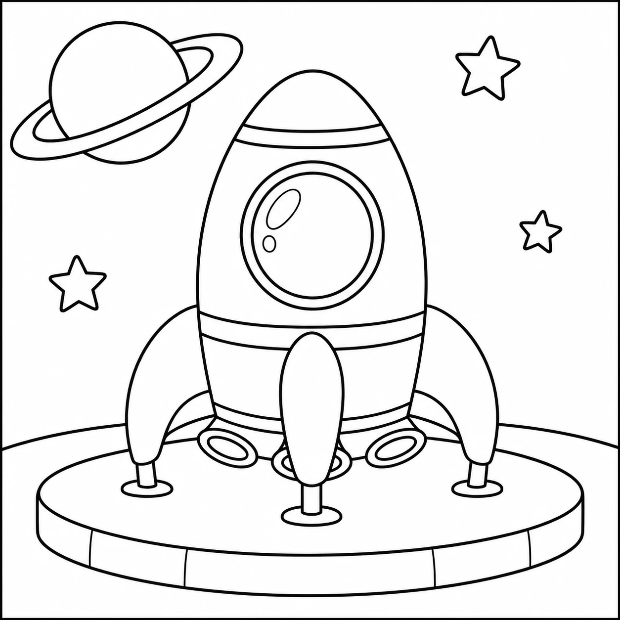Retro raket met bol raam rust op een rond platform bij een planeet met ringen.