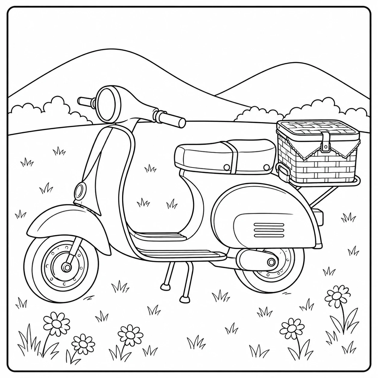 Scooter met picknickmand tussen bloemen en heuvels, een rustige vespa kleurplaat voor op reis