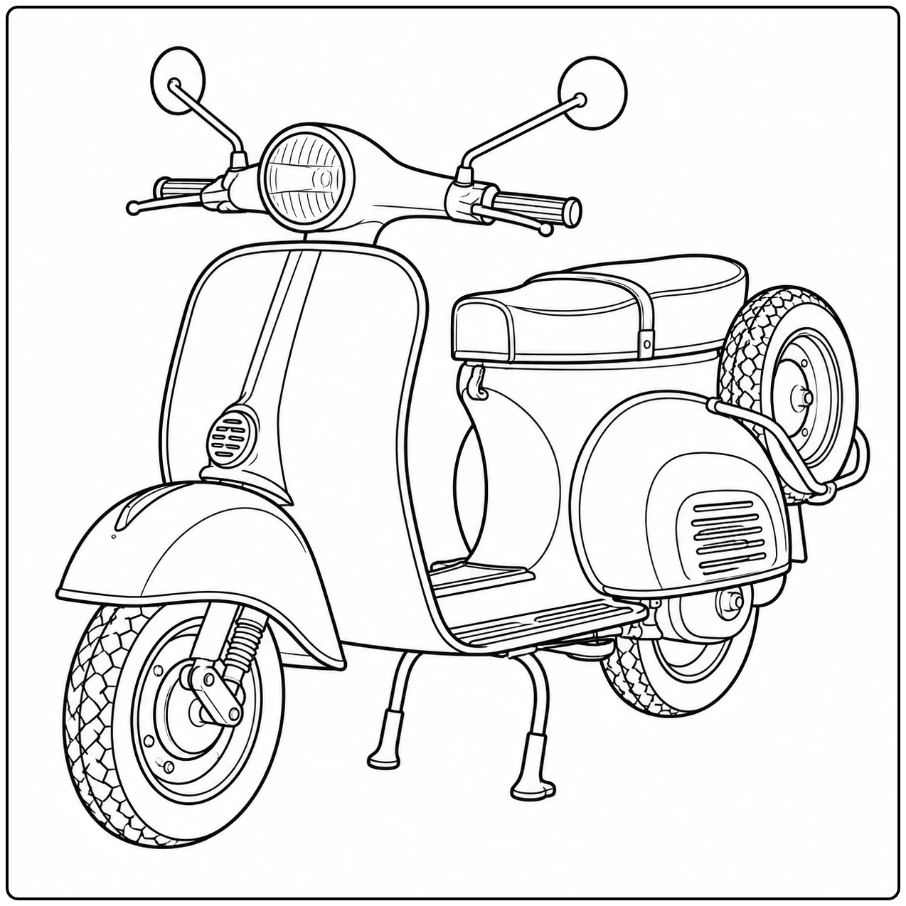Retro scooter met reservewiel en gedeeld zadel, uitgewerkt als vespa kleurplaat in driekwartaanzicht