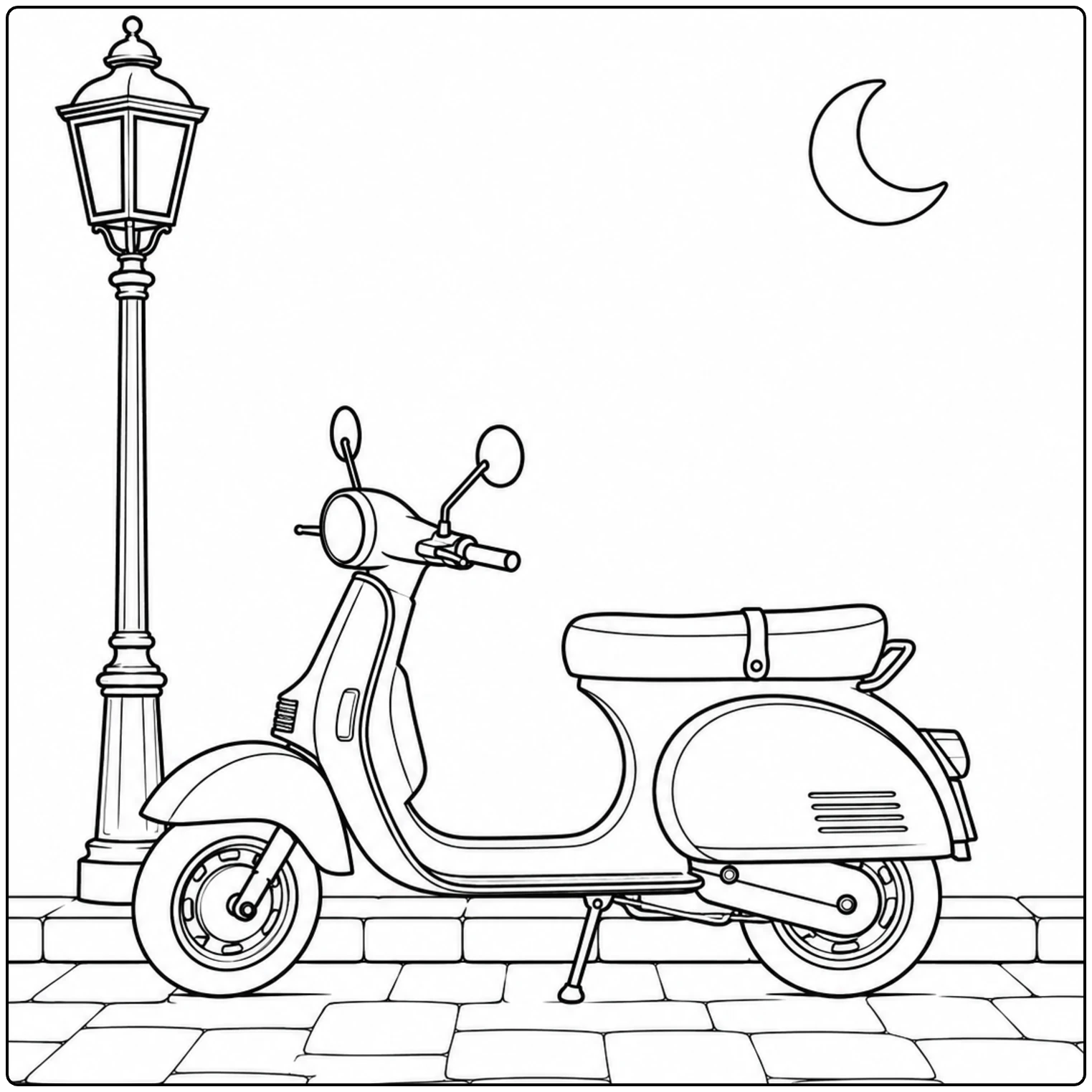 Retro scooter onder een straatlantaarn op klinkers, met een maansikkel aan de hemel