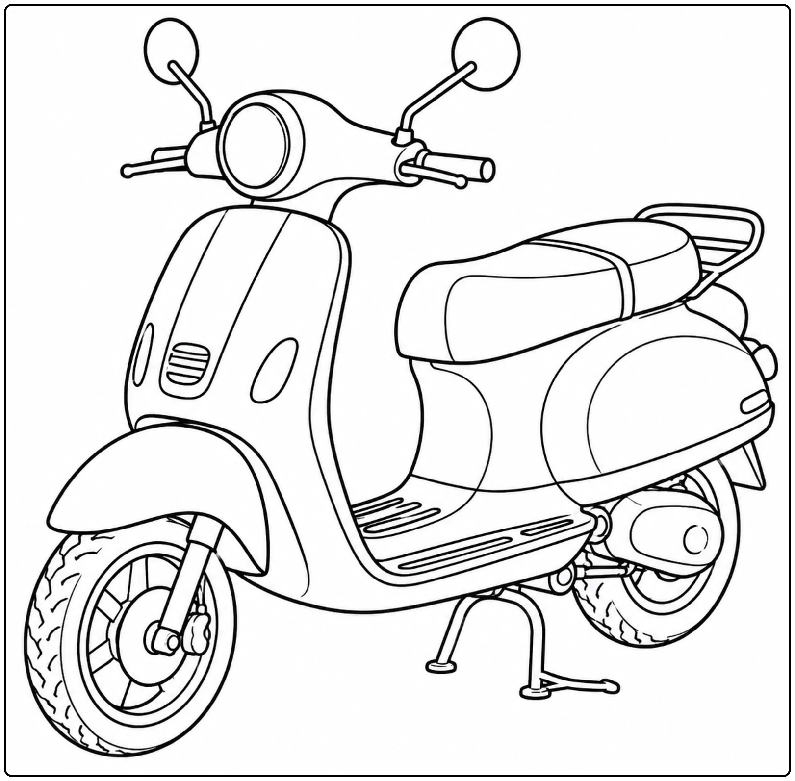 Retro scooter in driekwartaanzicht op de middenstandaard, met open instap en compacte carrosserie