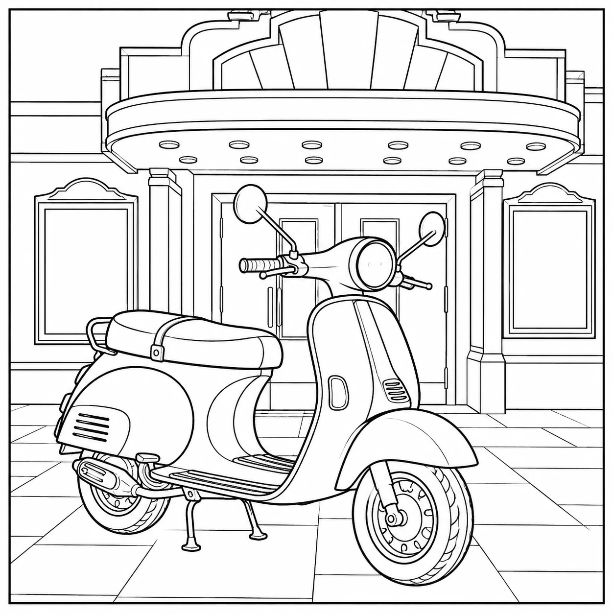 Scooter voor een oude bioscoop, als vespa kleurplaat met luifel en lege posterpanelen