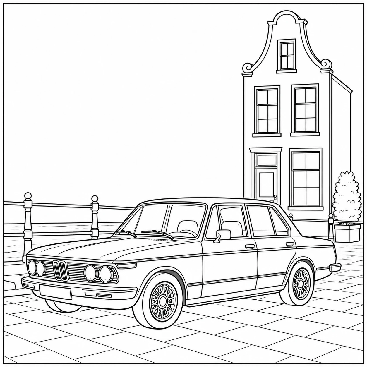 Retro sedan aan een gracht met brug, kade en smal Nederlands huis