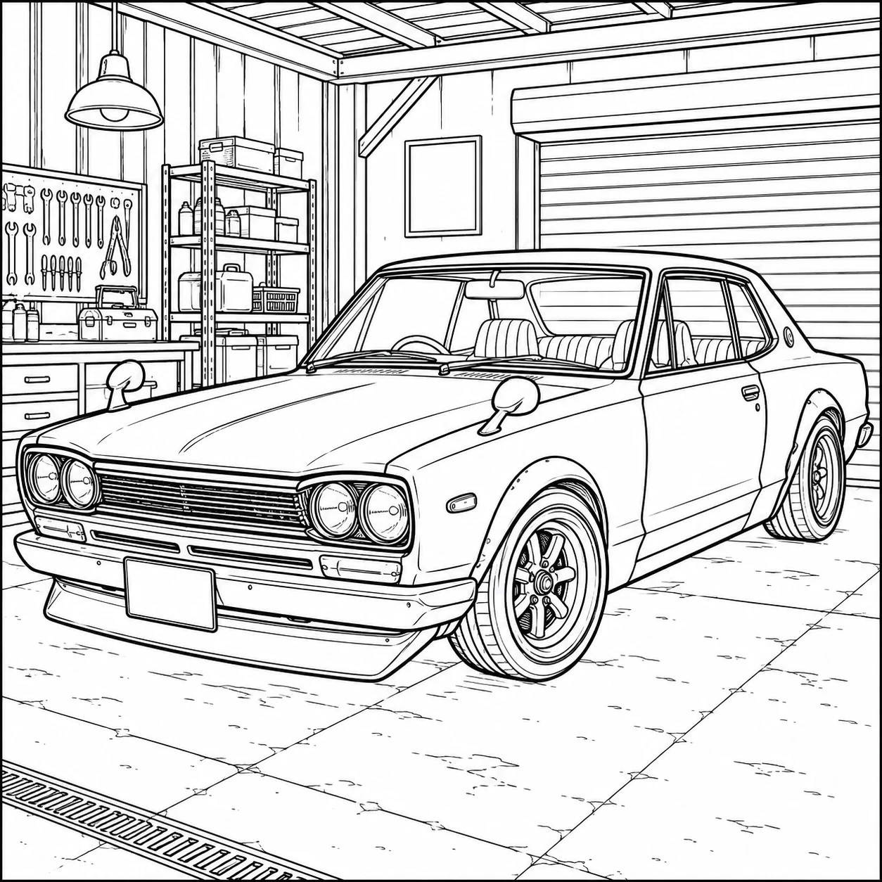 Retro Nissan Skyline stijl auto in een garage met klassieke details