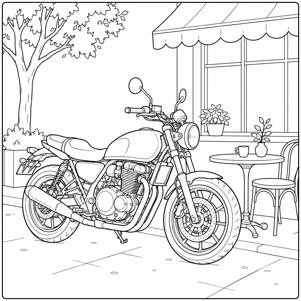 Retro streetmotor geparkeerd bij een caféterras met luifel, tafel en boom.