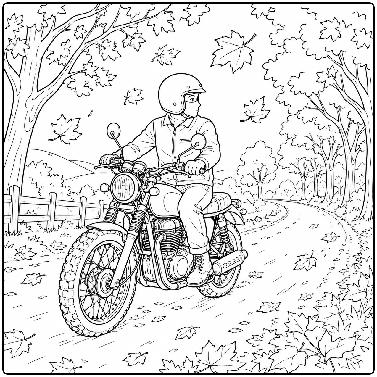 Rijder op een scrambler volgt een herfstpad met dwarrelende bladeren en bomen.