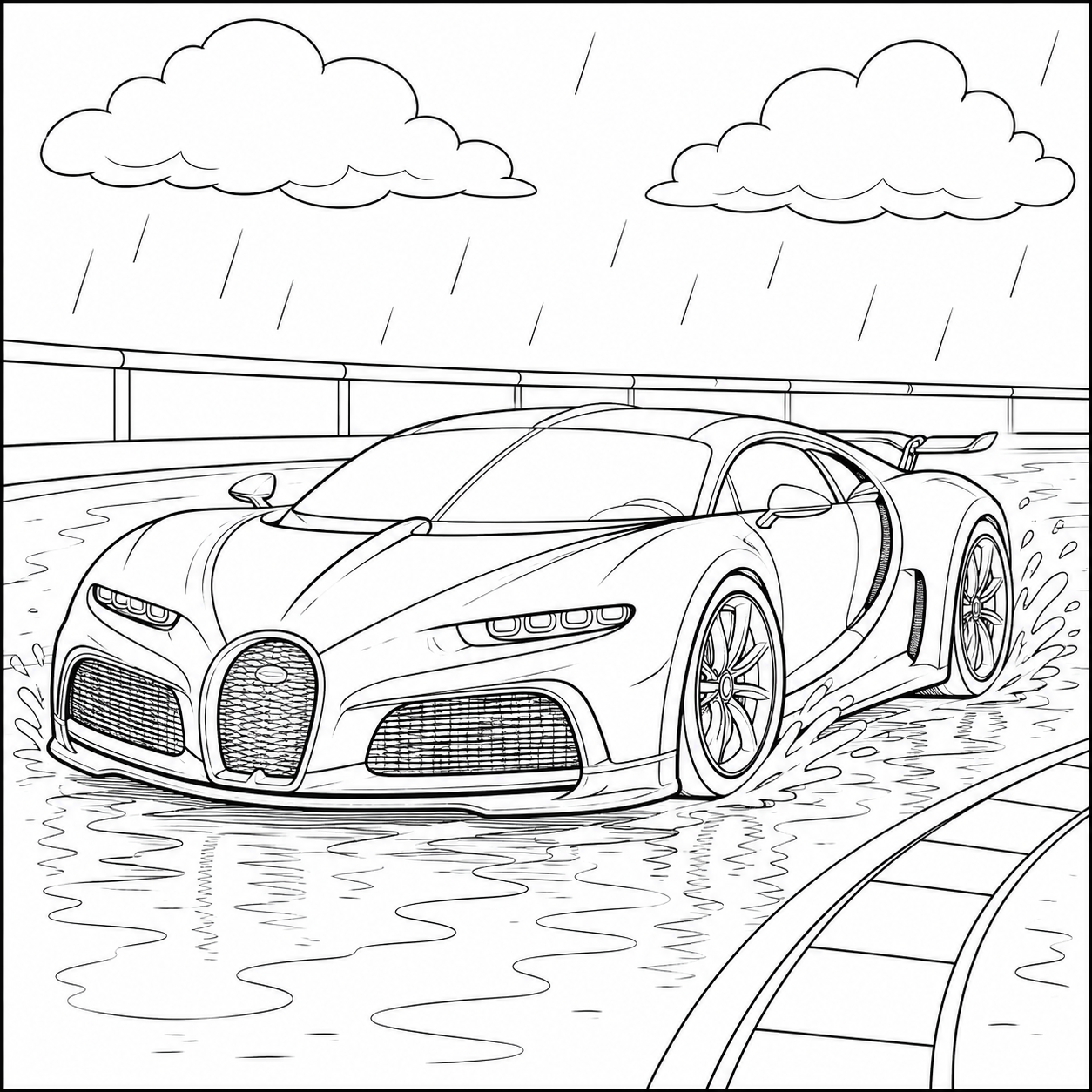 In de regen rijdt een kleurplaat auto bugatti door plassen op een natte weg.