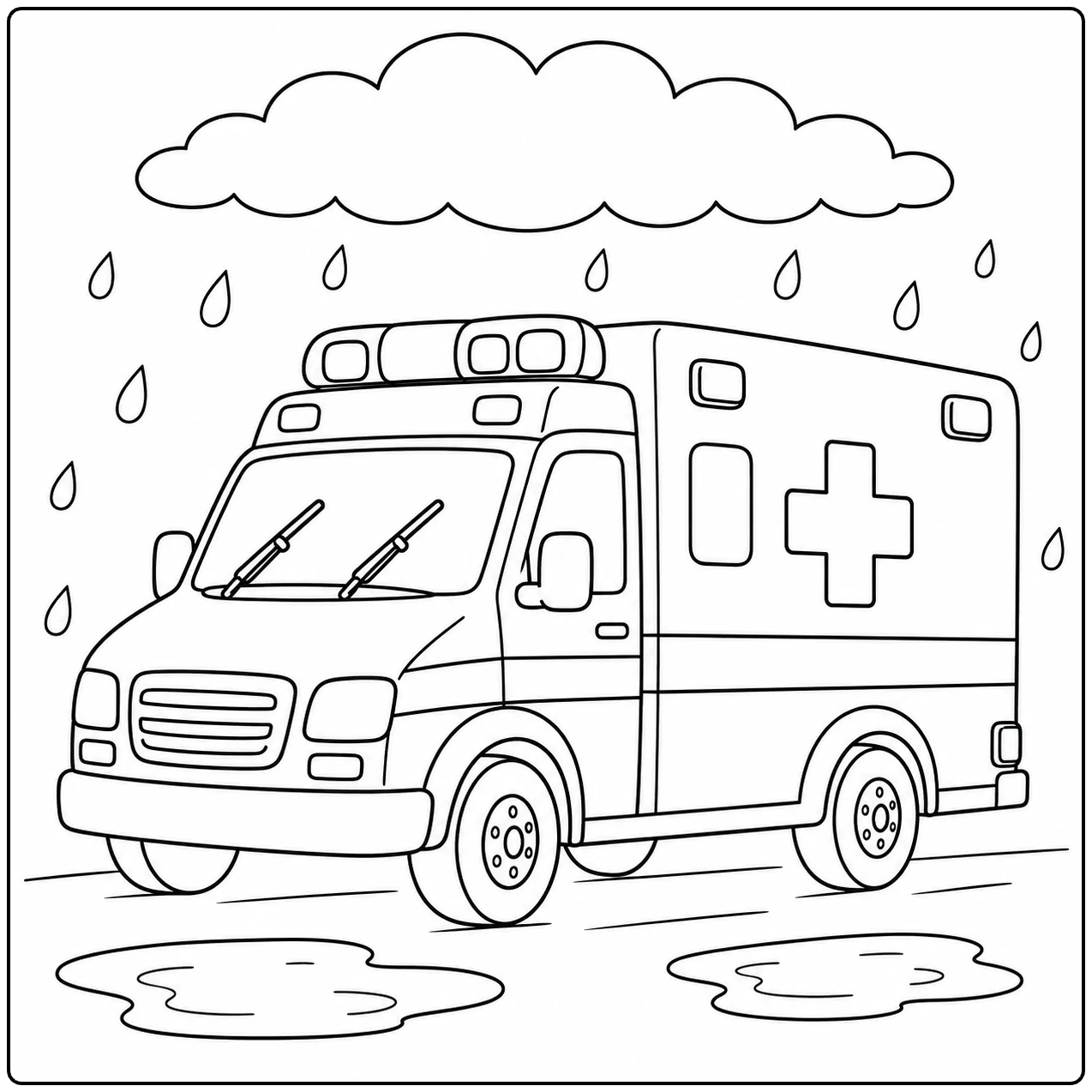 Ambulance rijdt door zachte regen met ruitenwissers, grote regendruppels en twee plassen