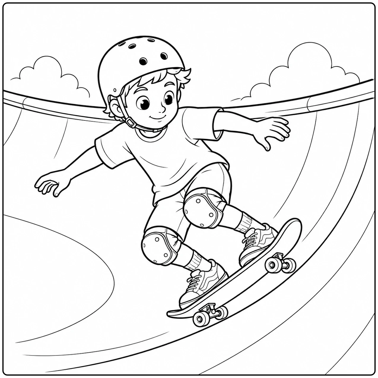 Jonge skater rijdt door een diepe skatekom, een dynamische kleurplaat skateboard met helm en kniebeschermers