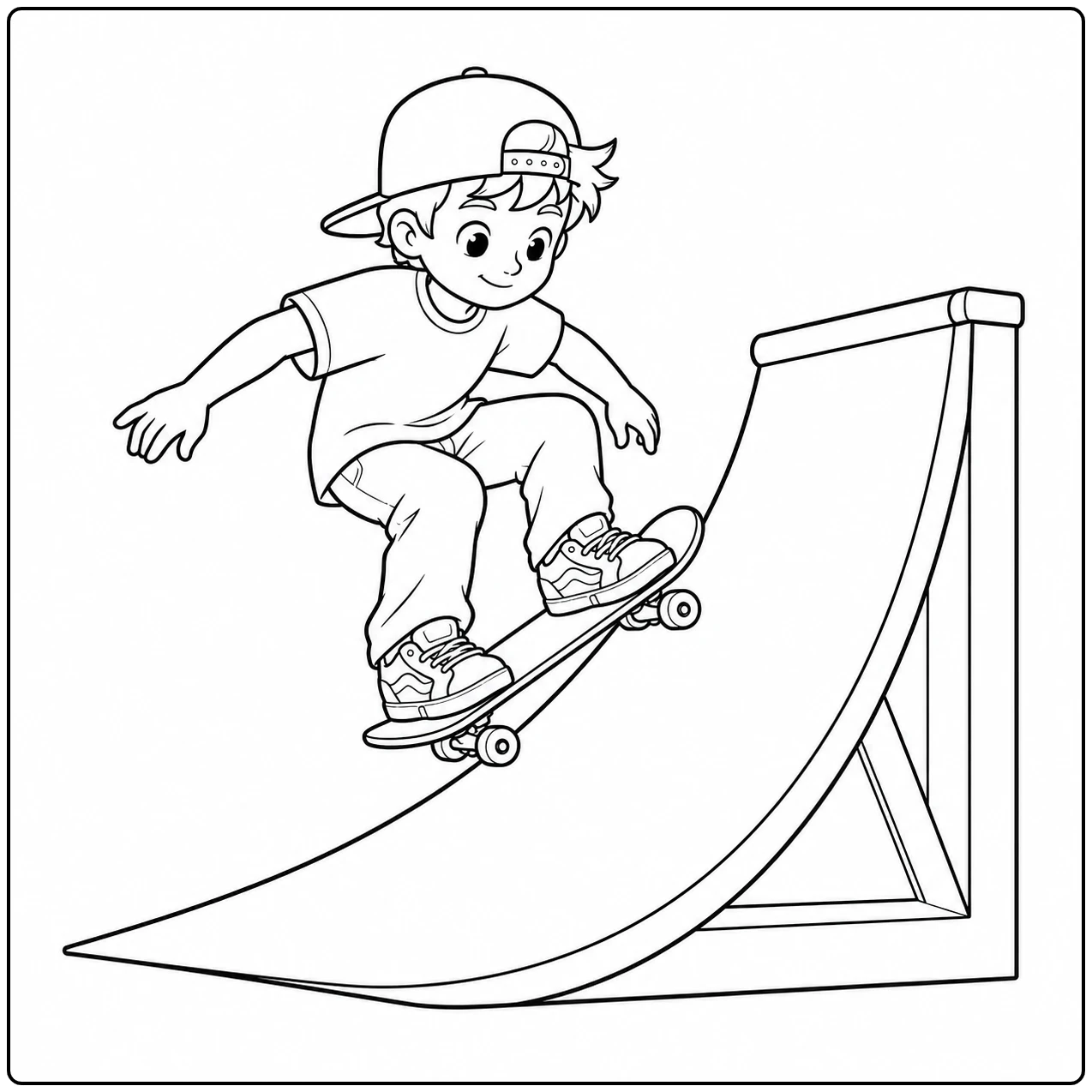 Jongen rijdt met gebogen knieën over een steile skatehelling en houdt zijn armen zijwaarts