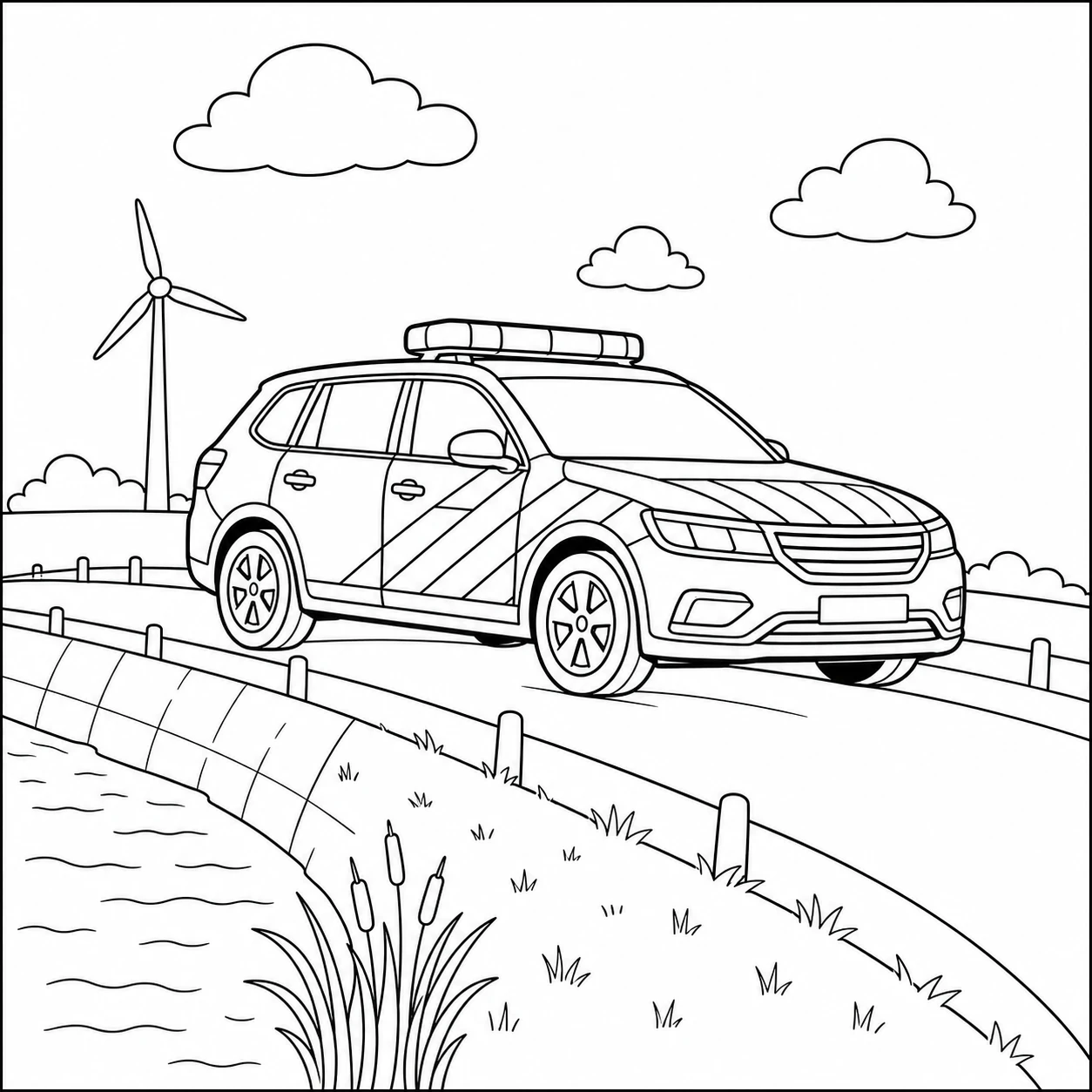 Nederlandse politieauto op een dijkweg met water, riet en een windturbine in de verte.