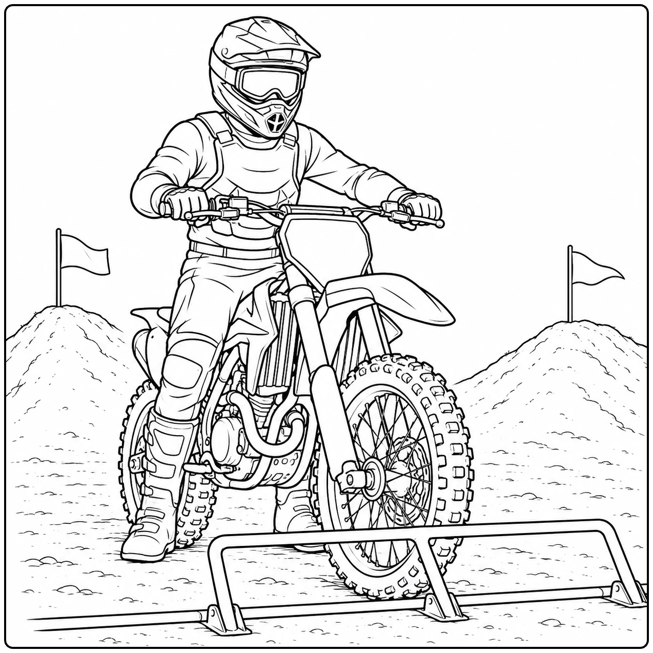 Motorcrosser wacht achter het starthek met kleine vlaggen en een zandheuvel op de achtergrond