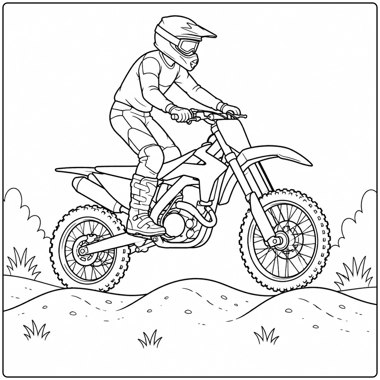 Motorcrosser rijdt over een golvend zandpad tussen gras, struiken en kleine stenen