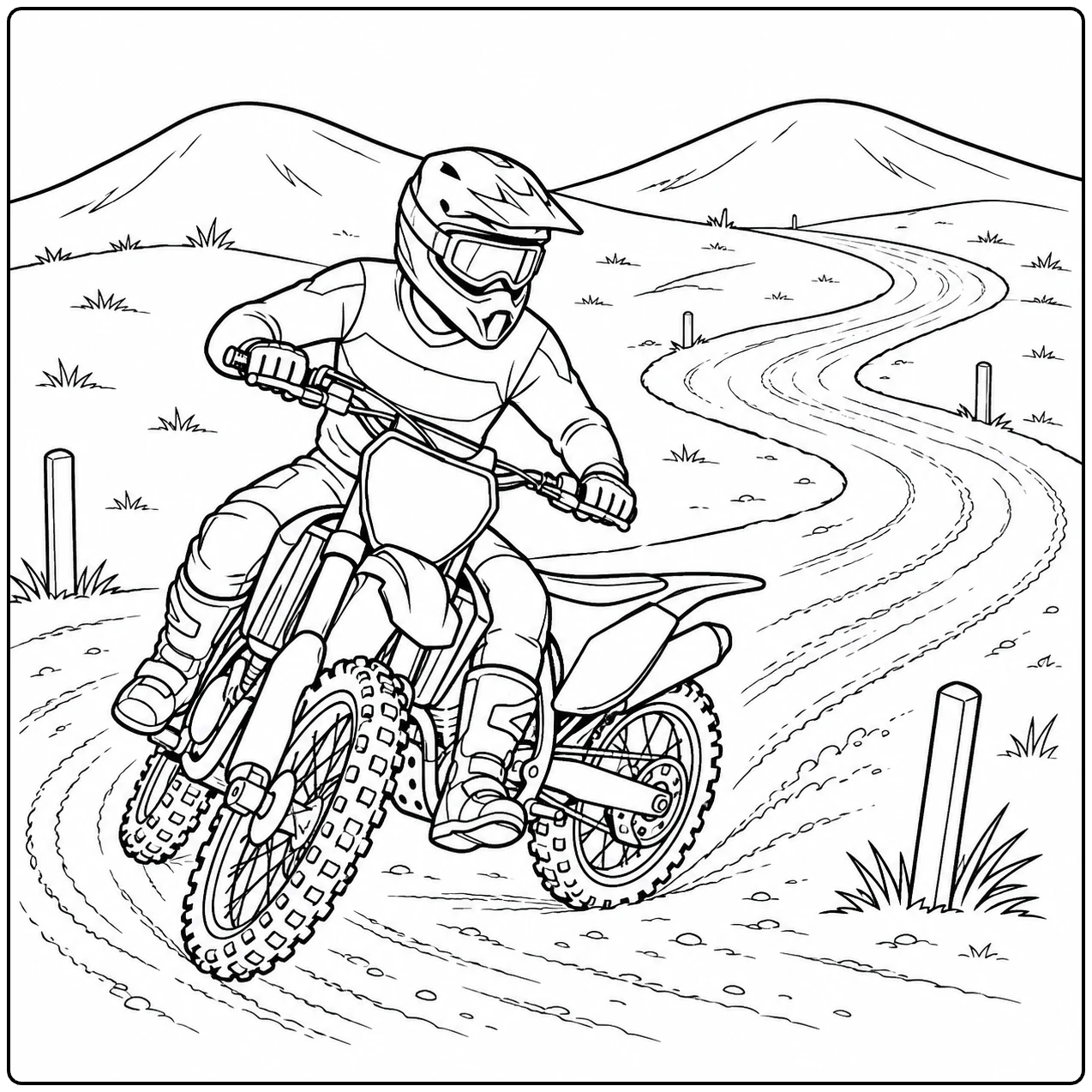 Motorcrosser volgt een bochtig zandcircuit tussen glooiende heuvels en baanmarkeringen