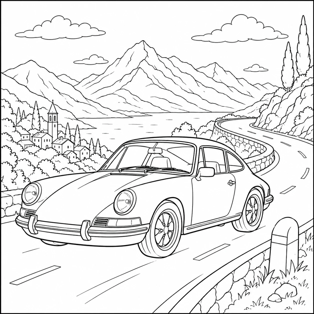 Sportwagen tijdens een rit door de bergen met een lange weg en natuurlijk uitzicht