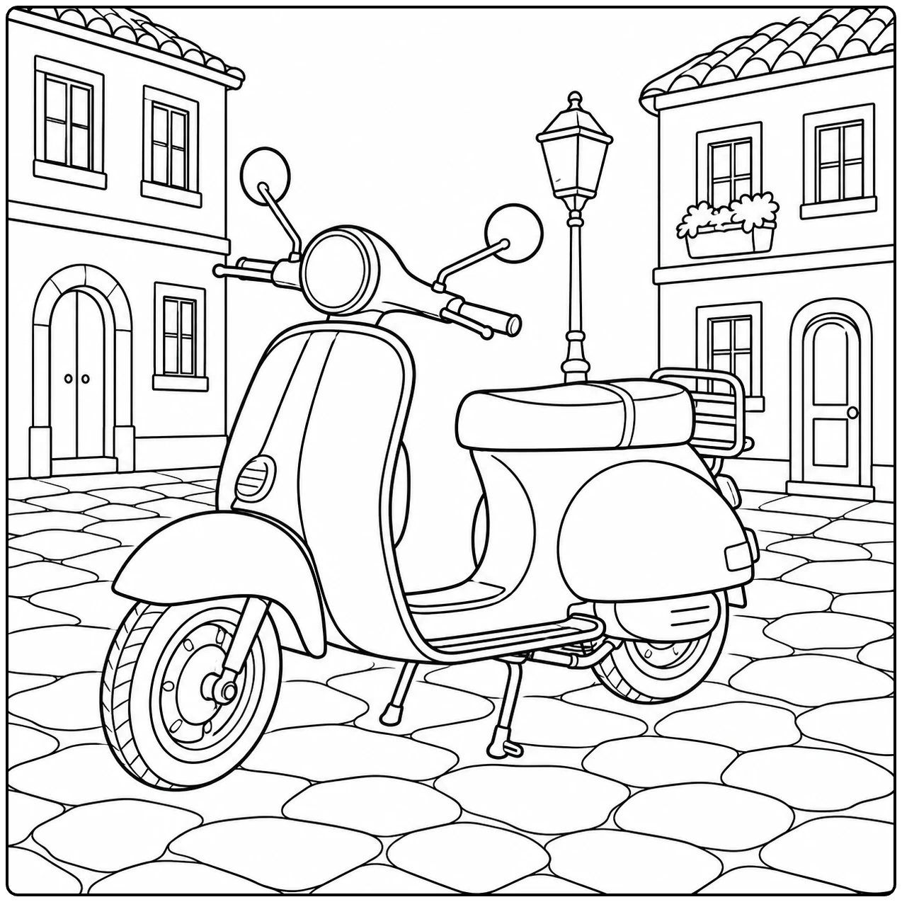 Een kleurplaat scooter staat op een klinkerstraat tussen huizen en een sierlijke straatlantaarn.