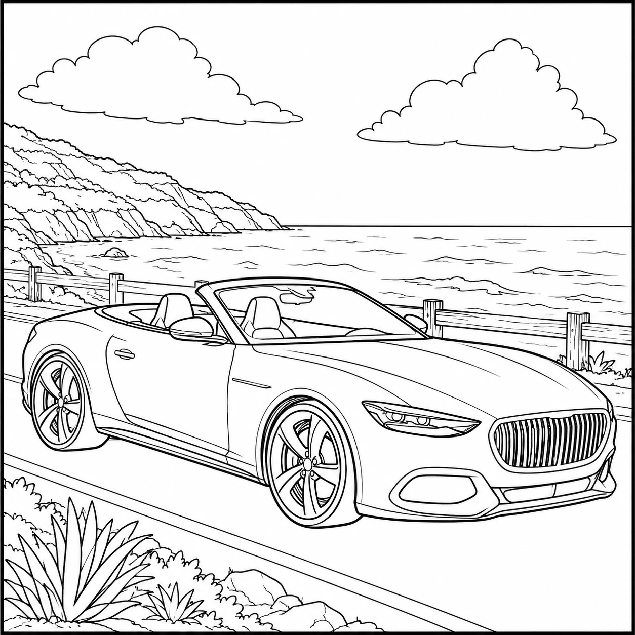 Roadster aan de kust, kleurplaat auto mercedes met golven en een rotsachtige oever