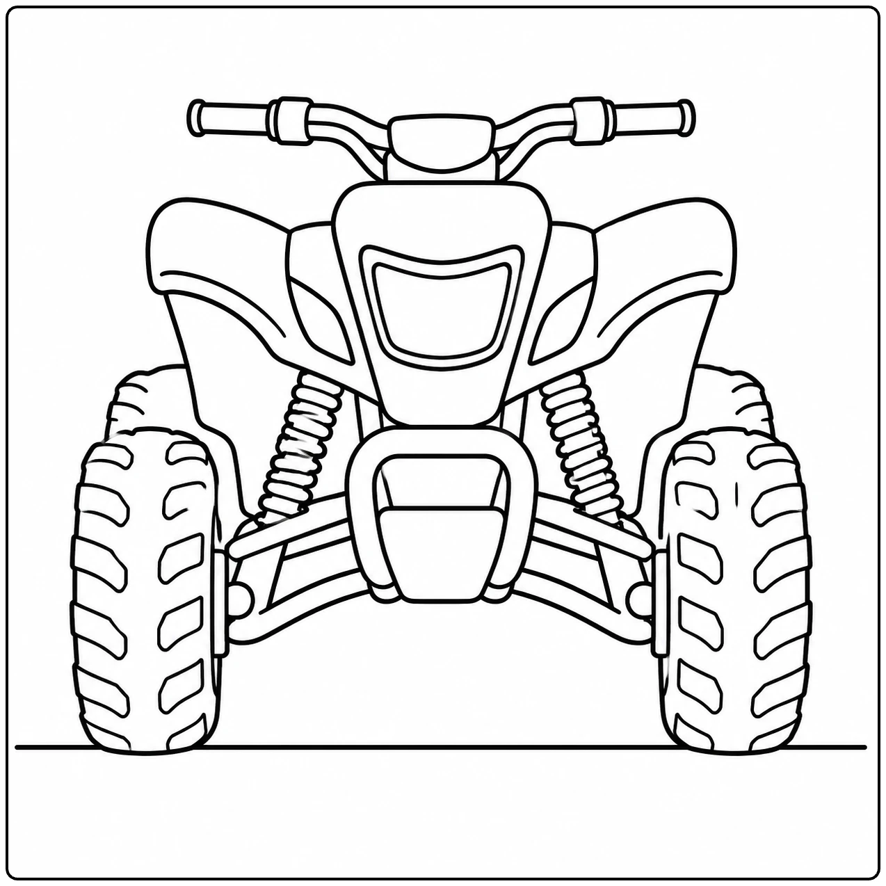 Robuuste terreinquad recht van voren met brede banden, koplamp en zichtbare vering