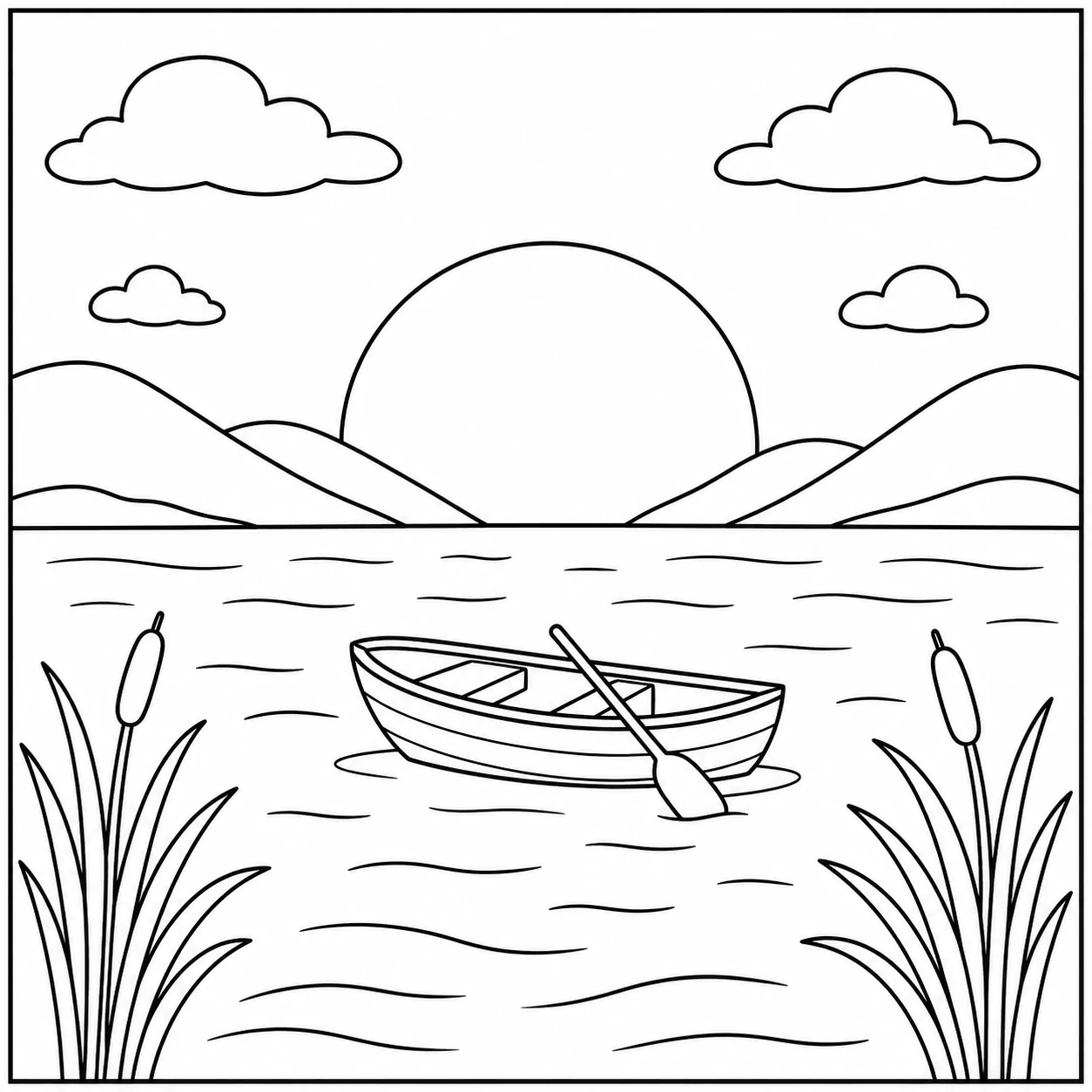 Kleine roeiboot op rustig water tussen riet, wolken en een grote ondergaande zon.