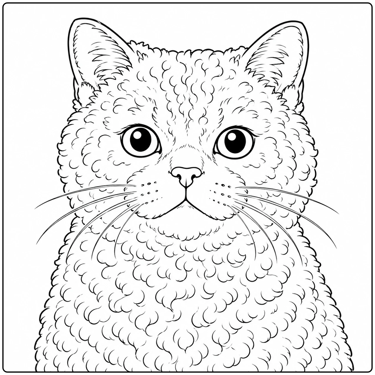 Ronde kattenkop met korte krulvacht, grote ogen en lange snorharen in symmetrische compositie.