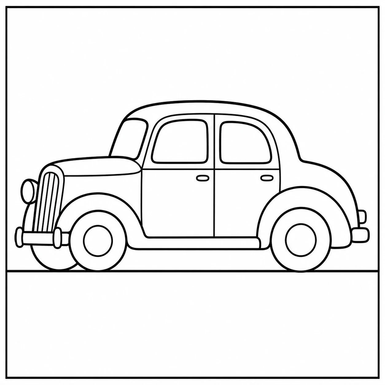 Een kleurplaat oude auto in zijaanzicht met ronde cabine, twee deuren en grote eenvoudige wielen.